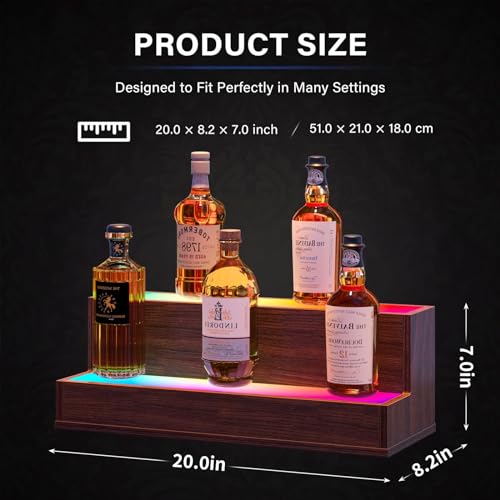 LED Spirit Bottle Display Shelf, 3 Step Freestanding Bar Shelf with App & Remote Control, Illuminated Drinks Rack, Walnut Finish (Walnut, 2 Tier-51cm)