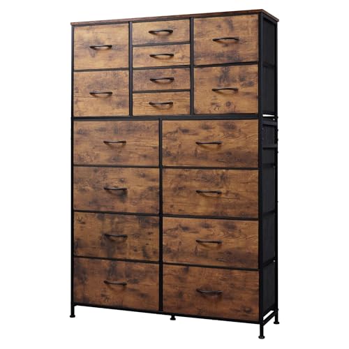 GALAXHERO Tall Console Table with 16 Fabric Drawers Entryway Table with Storage Large Storage Organizer with Wood Top Steel Frame for Living Room Hallway Office Rustic Brown
