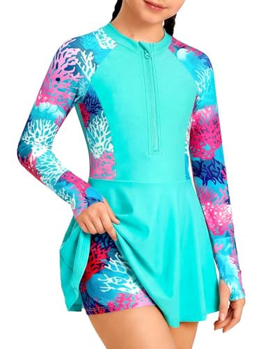 Image of HOZIY Girls Long Sleeve Swimsuit Two Piece Rash Guard Dress with Swim Shorts Front Zip for Kids Tween Teens UPF 50+