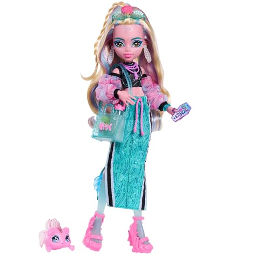 Monster High-Puppe Lagoona Blue in Crop-Top und sportlichem Maxirock mit Fisch Neptuna und 7 Zubehörteilen wie Muschelsonnenbrille, Snack und Handtasche, JHK33