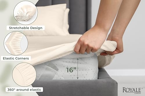 Image of Royale Linens 100% Organic Cotton Full Fitted Sheet Only - Percale Weave - Super Soft Deep Pocket Bottom Sheets - Cream Elastic Sheet - Full Size Fitted Sheets Only - (54 inchx75 inch+15 inch, Cream)