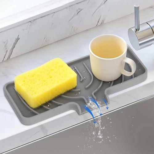 JACZZO Silicone Sponge Holder for Kitchen Sink (10x4 In) Sink Caddy with Drain Spout Self Draining Soap Tray & Organizer Kitchen Accessories Bathroom Organizer Easy to Clean (Grey)