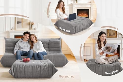 Image of Bean Bag Pouf Ottoman, Foot Stool, Foot Rest with Memory Foam Filled, Rectangle Ottoman for Living Room, Bedroom, Office, Lightgrey Teddy