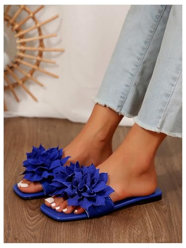 Women's 3D Floral Flat Sandals Dressy Square Open Toe Sandals Single Band Casual Slip on Slides2