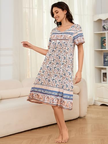 Image of CRIPOM Womens Nightgown Short Sleeve House Dress with Pockets-Floral Print Mumu Dress S-3XL