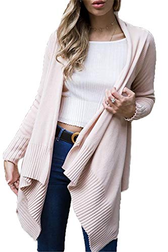 HZSONNE Women's Casual Solid Shawl Collar Full Sleeve Open Front Slim Cardigan Chunky Crochet Slouchy Knitted Sweater Blouse Pink