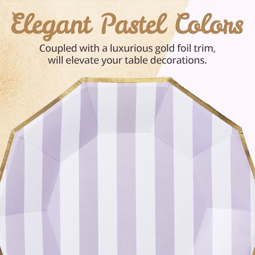 Image of Party Paper Plates, 50-Pack 9-Inch Bulk Disposable Decorative Paper Plates with Gold Decagon Trim, 6 Assorted Colors for Tea Party, Easter, Garden Party, and Bridal Showers, Gilded Pastel Stripeworks