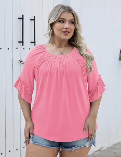 Image of Micoson Womens Plus Size Tops 3 /4 Ruffle Sleeve Crewneck Pleated Shirts
