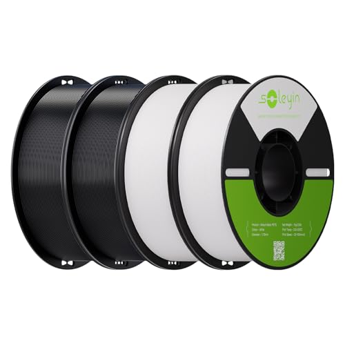 Soleyin PETG Filament 1.75mm 4KG, 3D Printer Filament 4 Pack 1kg Spool, Neatly Wound, ±0.02mm Accuracy, High-Speed & Strong Toughness, No Warping, Fits Most FDM Printers (Black*2 & White*2)