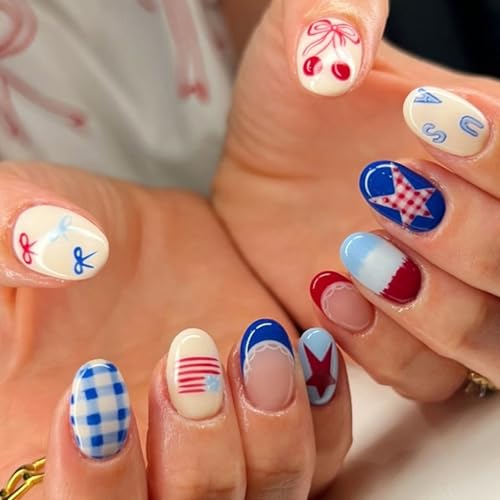 4th of July Press on Nails Medium Oval Fake Nails with Designs Checkered | Star | American flag Cute Reusable Independence Day Glue on Nail Full Cover 4th of July Nails for Women Manicure 24Pcs