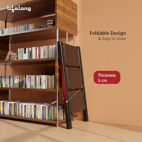 Image of Lifelong 3 Steps Steel Ladder for Home, Foldable & Portable Stairs, Versatile Use for Kitchen, Bathroom & Office Foot Stool - Multipurpose Three Step Stool with 150 Kg Capacity (LLSLS03, Black)