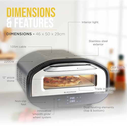 Blackmoor Indoor Electric Pizza Oven with 12 Inch Pizza Stone, Cooks in 2 Minutes, 8 Cooking Functions and Timer, 430 Degrees Max Temperature, 50 x 46 x 29cm