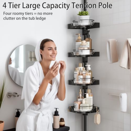 Image of 360 Rotating Corner Shower Caddy Tension Pole Organizer (Black)