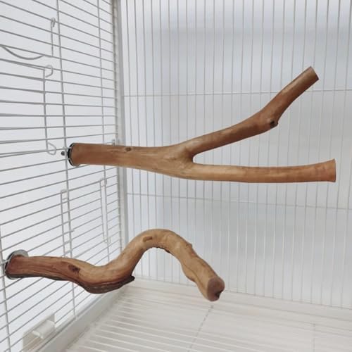 Image of Woohome 3 PCS Natural Grape Stick Natural Wooden Parrot Stand, 2 Grape Wood Perch, 1 Stand, Paw Grinding Fork Bird Perch Stand for Cage Accessorie, Cockatiels, Small Birds