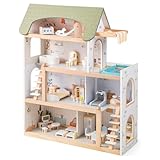 DREAMADE Puppenhaus Holz, 4-stöckiges Dollhouse mit 6 Zimmern & Terrasse mit Pool, mit 33 realistische Möbelstücken & 2 Treppen, Traumvilla für Kinder ab 3 Jahren