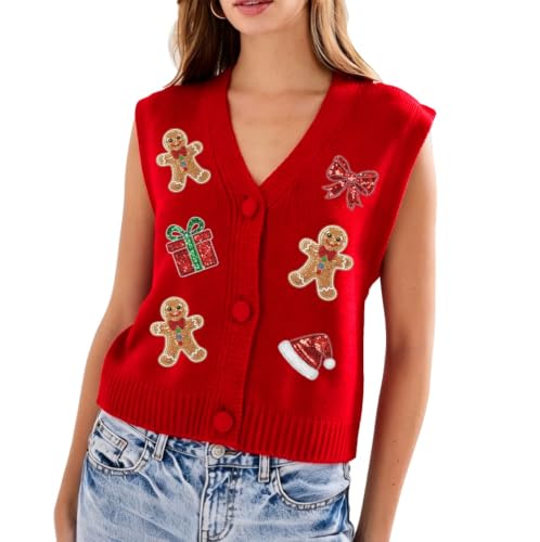 Image of Women Christmas Knit Vest Top Santa Embroidery Sleeveless Button Down Sweater Vest Xmas Snowman Cardigans Tank Top