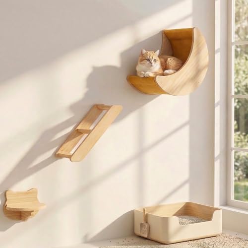 Cat Wall Shelves Set – Solid Wood Cat Wall Furniture with Moon Bed & Ladder,…