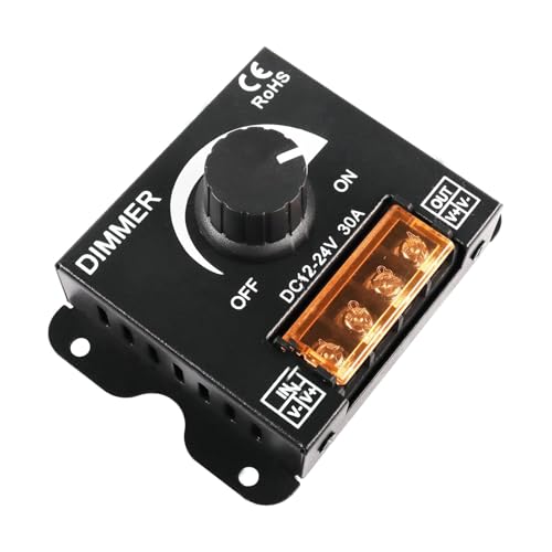 Leloco LED-Lichtstreifen-Dimmer, DC12V/24V PWM (Stufenloses Dimmen), Helligkeitsregler mit Drehknopf für Einfarbige LED-Leisten, Metallgehäuse