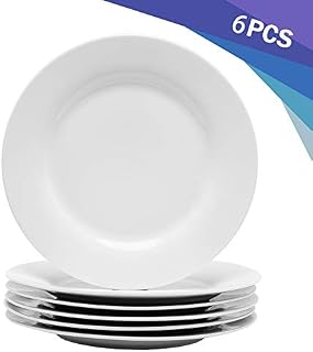 Porcasa Porcelain Plates, White Round Flat Dinner Plates, 10.5 inch, Set of 6