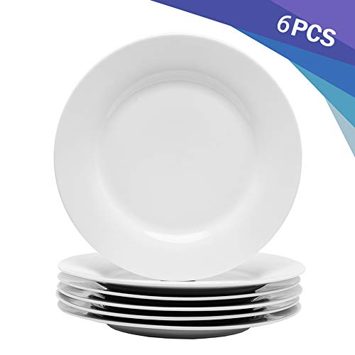 Porcasa Porcelain Plates, White Round Flat Dinner Plates, 10.5 inch, Set of 6