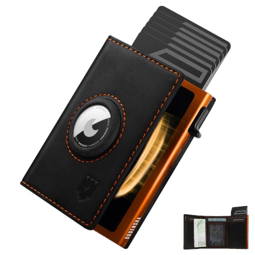 DODENSHA Mens AirTag Wallet RFID Blocking Leather Smart Pop Up Card Wallet for Men with Coin Pocket Aluminum Credit Card Holder with ID Window Magnetic Closure