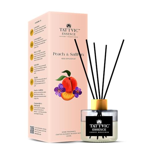Image of Peach Reed Diffuser Set by Tattvic Essence | 6 Fiber Reed Sticks Free | Stress Relief & Aromatherapy | Long-Lasting, Smoke-Free Air Freshener for Home, Bedroom & Office | Ideal for Gifting | 120ml