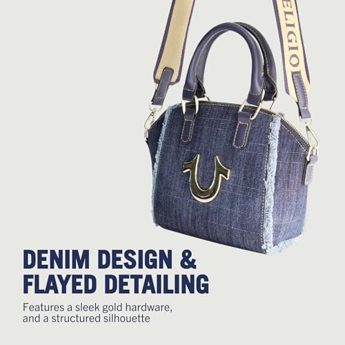 True Religion Satchel Bag, Women's Frayed Denim Purse Shoulder Handbag with Horseshoe Logo, Denim3
