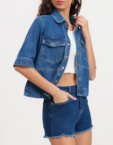 Ladyful Short Sleeve Denim Jacket for Women Lightweight Cropped Button Summer Down Jean Jacket Coat4
