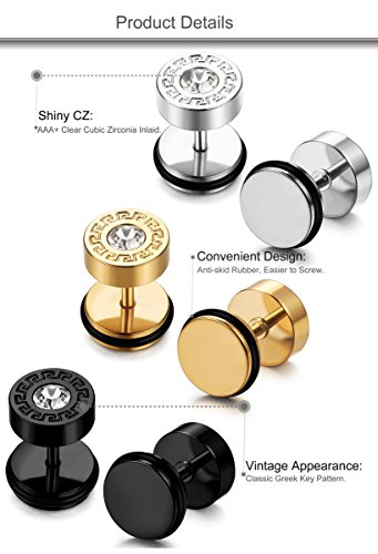 FIBO STEEL 3-4 Pairs Stainless Steel Mens Stud Earrings for Men Women Ear Piercing Plugs Tunnel2