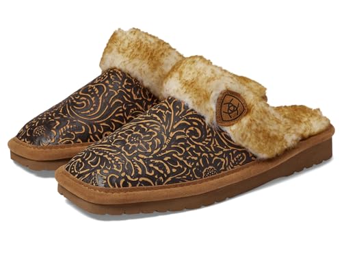 ARIAT Women's Jackie Square Toe Embossed Tooling Warm Soft Comfortable Genuine Full-grain Leather Slippers