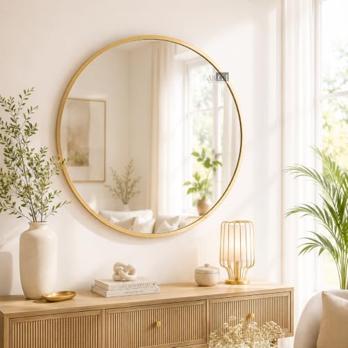 Image of Ali.G.I Round Wall Mirror, Modern Metal Framed Decorative Circle Vanity Mirror for Bathroom, Living Room, Bedroom & Entryway (Gold 30 inch)