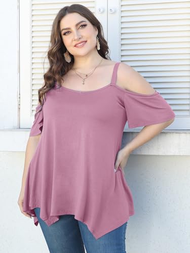 Image of LARACE Cold Shoulder Tops for Womens Summer Clothes Spaghetti Strape Tunic Oversized Shirts Asymmetrical Plus Size Blouse