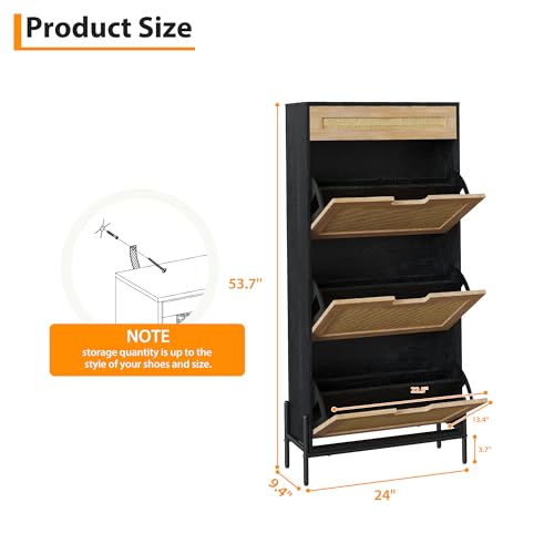 Image of Natural Rattan Shoe Cabinet with 3 Flip Doors and Drawer, Freestanding Shoe Storage Organizer with Adjustable Shelves for Entryway Hallway,Black Oak Color