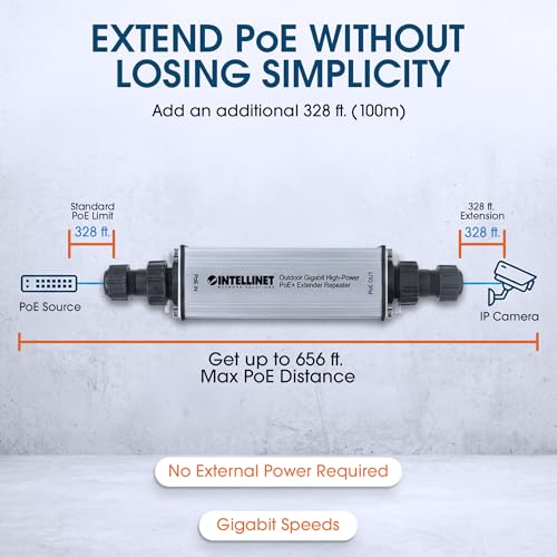 Image of Intellinet Outdoor Gigabit PoE+ Extender, IP65, 25W, 328 Ft Range | IEEE 802.3af /at range booster adds 328 ft per unit, up to 1640 ft cascade; no extra adapter needed, metal housing
