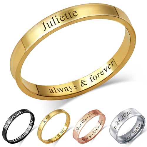 Anavia Personalized Name Date 2.5MM/4MM/7MM Stainless Steel Rings, Customized Message Dainty Plain Bands Glossy Gold Black Rings, Wedding Engagement Rings for Women Men