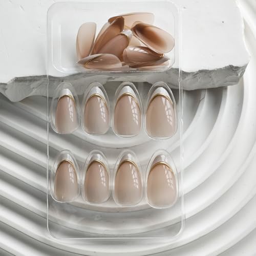 Image of White French tip Press on Nails Medium Almond Fake Nails Nude Glossy False Nail with Design 3D Gold Stripes Glue on Nails Artificial Acrylic Nail Full Cover Stick on Nail for Women Manicure 24pcs