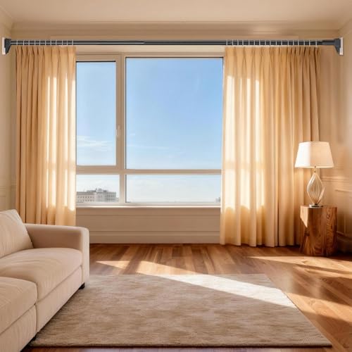 Image of FADOTY Tension Curtain Rods No Drilling, Extra Long Tension Rod 41-139 Inch, Heavy Duty Shower Curtain Rod for Outdoor Patio Bathroom Windows Room Divider, Adjustable, Anti-Slip, No Rust, Black