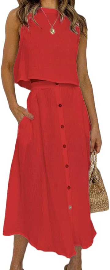 Completo Due Pezzi In Lino - Top Senza Maniche E Gonna Lunga Con Tasche, Estate - Foto 1