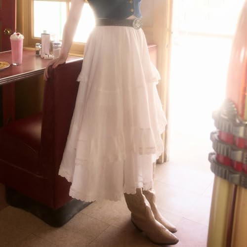 Womens Lace Trim Midi Skirts Elastic High Waist Asymmetrical Layered Hem Boho Flowy Party Long Skirt3