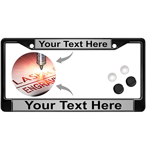 Image of Custom Personalized Black Powder-Coated Metal Laser Engraved Standard Size - Car /Automobile License Plate Frame with Free caps - Silver /Black Text (Qty: 1 Frame)