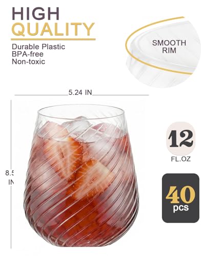 Image of Maaacute 40 Pack Plastic Stemless Wine cocktail Whiskey Champagne Glasses, 12 Oz Disposable Unbreakable Cups for Party Bars Wedding Tasting (Spiral)