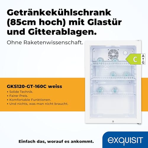 Exquisit Glastürkühlschrank GKS120-GT-160C weiss | Nutzinhalt: 118 L | Türschloss | 3 Gitterablagen | Umluftventilator | Standgerät