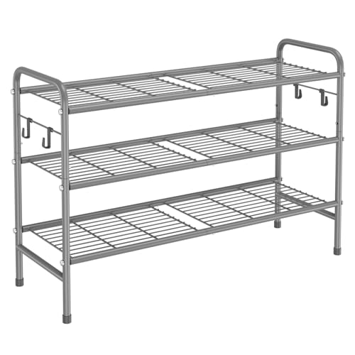 Image of VILICK 3 Tier Shoe Rack 33 inch Wide Metal Shoe Organizer Long Shoe Storage with 4 Side Hooks Sturdy Shoes Shelf for Front Door Entrance, Closet, Garage, Dorm, Grey