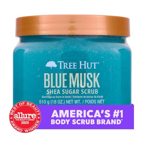 Image of Tree Hut Blue Musk Body Scrub, Exfoliating & Hydrating Sugar Scrub with Shea Butter & Essential Oils, Smooth Skin, Body Exfoliator For All Skin Types, Self Care Gifts for Women, Vegan, 18 Oz