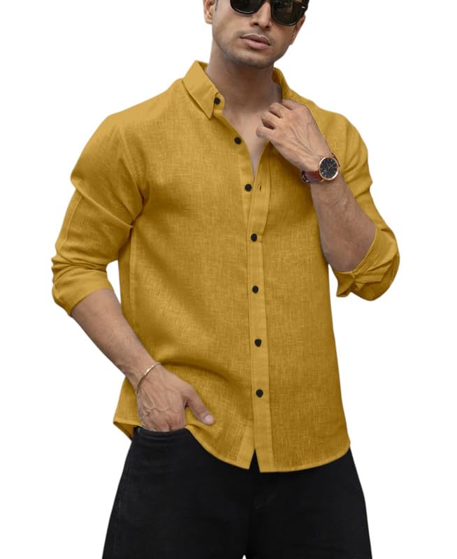Image of Men's Solid Linen Cotton Shirt Casual Plain Full Sleeve Summer-Regular Fit Men Stylish Shirt DARK-LINEN-01