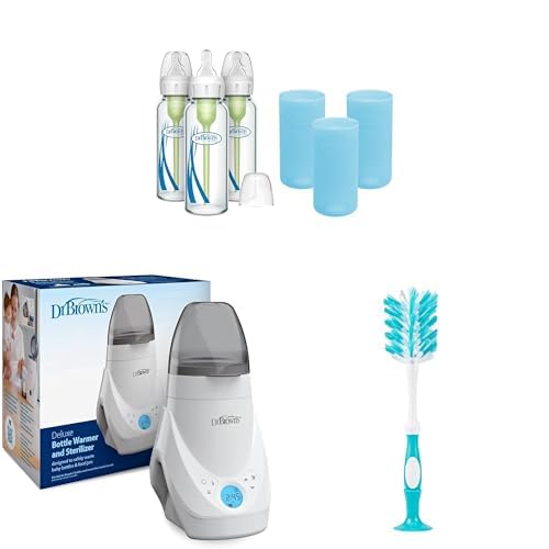Dr. Brown's Anti-Colic Options+ Narrow Glass Baby Bottles 8oz and Level 1 Nipple, 3-Pack 0m+ and Blue Silicone Sleeves and Deluxe Bottle Warmer and Sterilizer and Deluxe Bottle Brush Blue