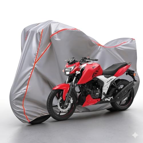 Image of Waterproof Bike Body Cover Compatible with Tvs Apache RTR 160 Dustproof Scratchproof - Motorcycle Cover for Two Wheeler, Outdoor Full Cover with UV, Duty, Rain Protection (Silver & Red) R1A