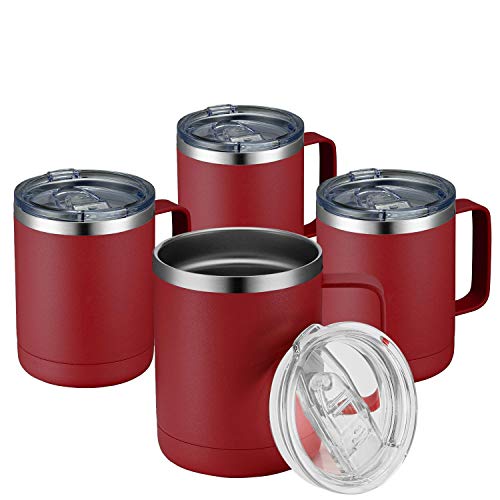 Image of MEWAY 12oz Coffee Mug With Handle 4 Pack Bulk,Stainless Steel Insulated Travel Tumblers With Sliding Lid,Double Wall Vacuum Camping Cup for Hot & Cold Drinks Tea (Red,Set of 4)