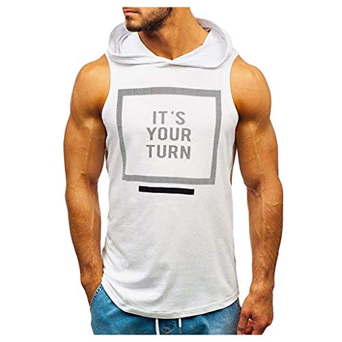 JiaMeng Camisetas Elástica de Fitness sin Mangas Tank Top Gym para Hombre Fitness Muscle Estampado sin Mangas con Capucha Culturismo Bolsillos de Secado Ajustado (A3~Blanco, L)