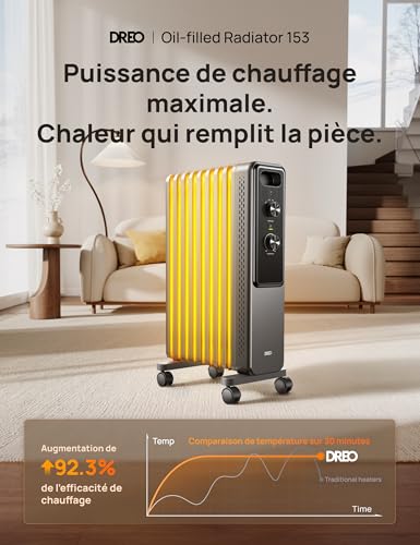 Dreo Radiateur à huile 2000W avec 9 ailettes, chauffage électrique silencieux pour chambre, thermostat réglable, protection surchauffe et basculement, sécurité enfant et mode économie d’énergie – Image 3